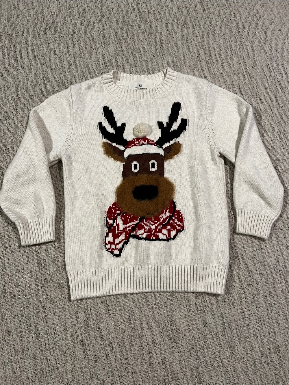 H&M Cream Kids Reindeer Sweater with Red Hat & Scarf